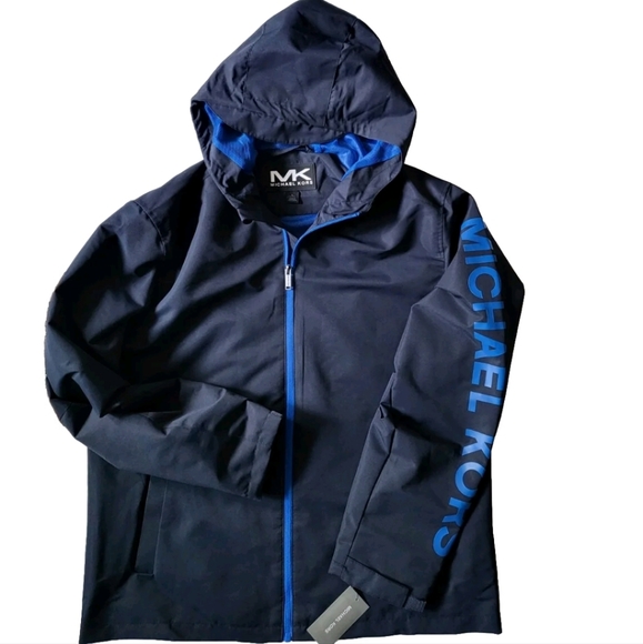 MICHAEL Kors mens full zip hooded jacket windrunner Size L navy big logo - Picture 1 of 6